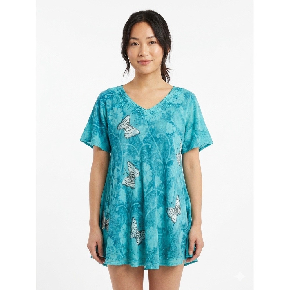 Just Cruising Top Women Green Sz OS Floral Butterflies Beaded Boho Fairycore